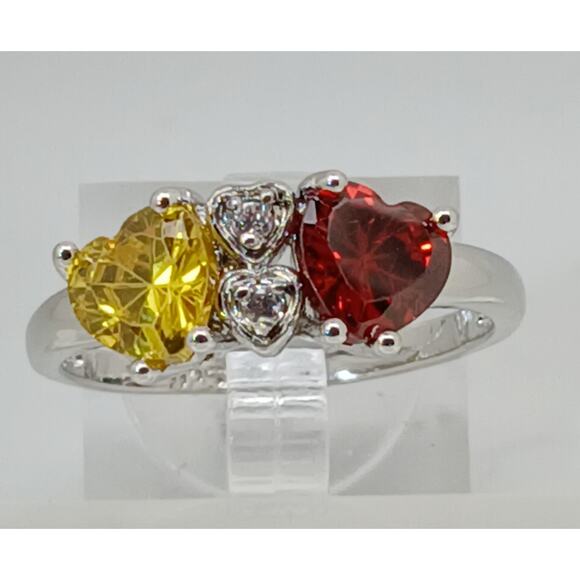 Vintage Ring Size 10.5 Silver Tone White Gold Plated Purple Yellow CZ Hearts - Picture 1 of 10